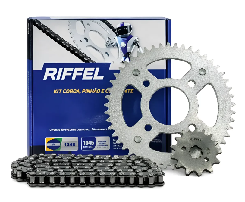 Kit de relação Riffel — coroa, pinhão e corrente